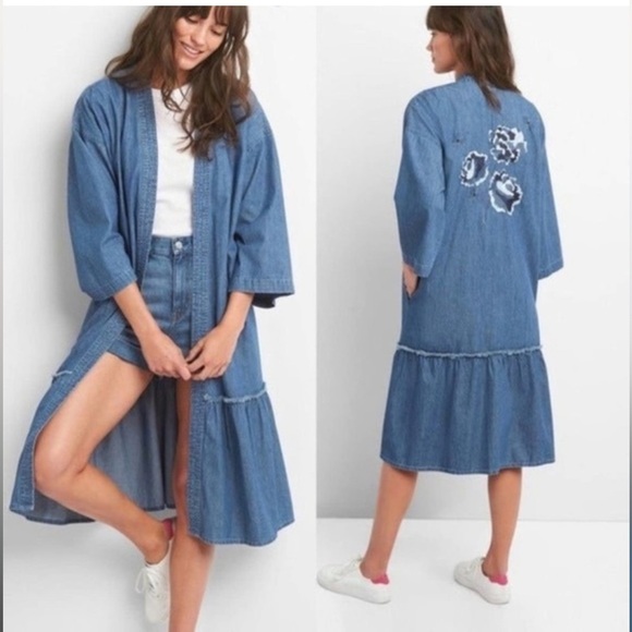 GAP Sweaters - Gap Floral Embroidered Denim  open Kimono